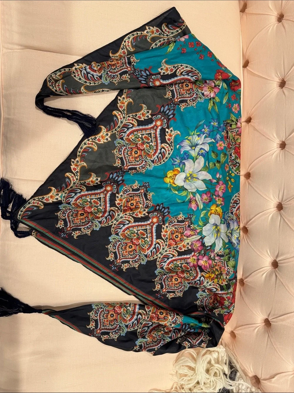 Johnny Was Moanuh Teal Black Floral Paisley 100% Silk Scarf Wrap